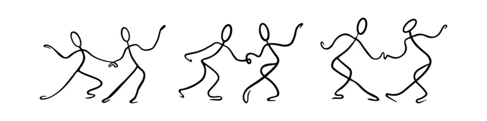 Stick figures collection. Hand drawn dancing couples isolated on white background. Vector illustration.