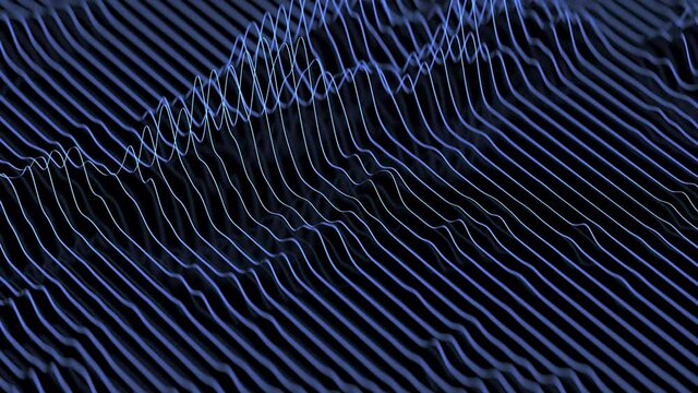 Audio blue wavefrom lines on black reflective backdrop. Abstract music waves oscillation. Futuristic sound wave visualization. Synthetic music technology sample.