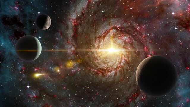 Space background slowly moving through universe among planets galaxies stars and nebulae