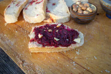 hummus from chickpeas, beets and hazelnuts