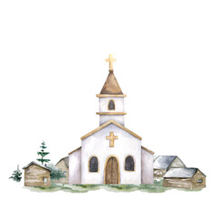 Church Hand drawn watercolor isolated illustration for easter, wedding, greeting card