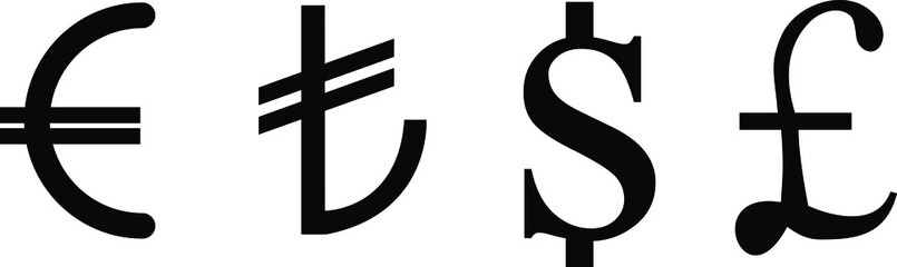 Currency symbols, dollar, euro, pound, turkish lira. - obrazy, fototapety, plakaty