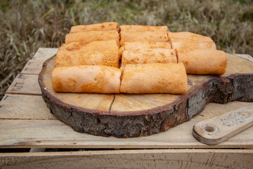 homemade thin tomato pancakes with meat filling
