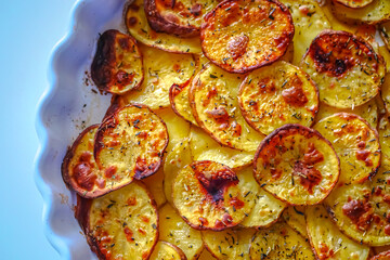 Oven baked potato slices with spices close-up. Homemade food baked appetizing potatoes background