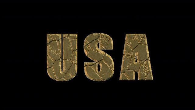 Gilded text USA erodes cracks and is covered with moss. Decay, decline, stagnation concept. Prorez with alpha, easy to place on any background.
