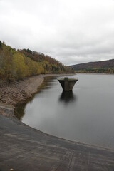 Lake Primstalsperre water reservoir on a grey autumn day, Nonnweiler, Saarland, Germany
