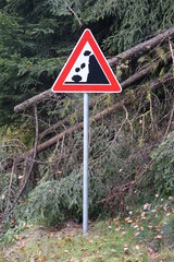 Falling rocks (land slide) warning sign in front of fallen fir trees, Nonnweiler, Saarland, Germany
