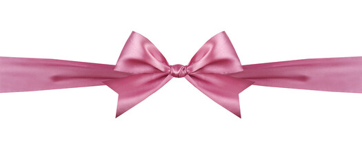 Pink ribbon with tied bow horizontal isolated on white. Decorative element. Gift decoration.