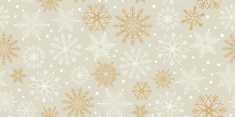 Happy holiday seamless pattern with snowflakes. Gold gray border. Simle  winter vector design for greeting card package banner