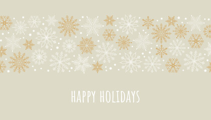 Happy holiday seamless pattern with snowflakes. Gold gray border. Simle  winter vector design for greeting card package banner