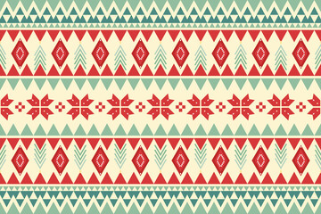 Merry Christmas vintage ethnic seamless pattern decorated with green trees and red flowers. design for background, wallpaper, fabric, carpet, web banner, wrapping paper. embroidery style. vector.
