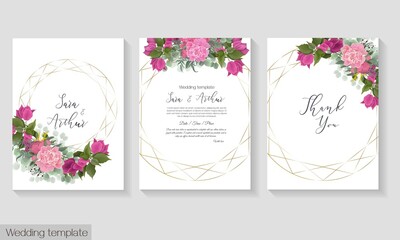 Vector template for wedding invitation. Round gold frame, peony flowers, Bougainvillea flower branches, berries, green leaves and plants.  - obrazy, fototapety, plakaty