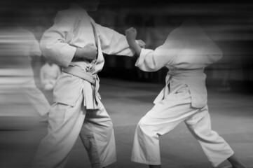 Karate background. Silhouettes of athletes in karate training in retro style with the effect of motion blur. © Uladzimir