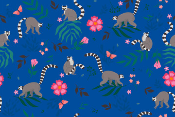 Seamless pattern with lemurs and flora elements. Vector graphics. © Екатерина Зирина