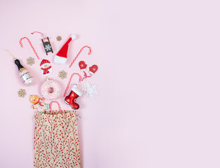   Chtistmas and new year concept.Sack with christmas decorations, presents, gingerbread man,...