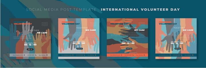 Set of social media post template with colorful hands background design. International volunteer day template design.