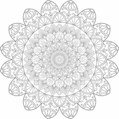 Circular mandala coloring page with floral patterns.