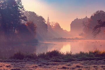 Mglisty jesienny poranek. Jesień w parku. Poranne promienie słońca. Poranna mgła nad stawem  © anettastar