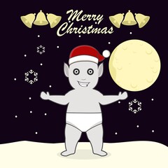 Cute cartoon ghost tuyul wearing winter hat with snowfall, moon. Merry Christmas. Vector illustration design for mascot, logo, sticker, Christmas card