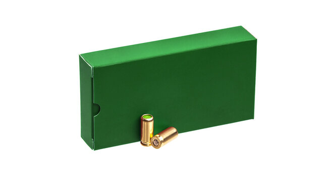 Box of cartridges for a traumatic gun isolate on a white back. Cartridges with rubber bullets for a traumatic gun.