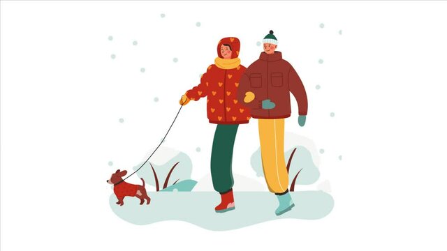 Young romantic couple dressed in warm clothes are walking the pet on the snowy trail. Toy breed dog wag its tail happily. Colorful winter scenery. Animated cartoon. Leisurely stroll concept.