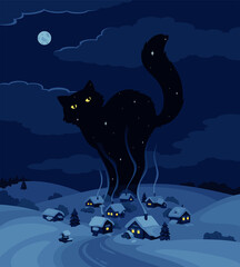 Night winter village. Above the landscape and houses, a huge silhouette of a black cat is seen against the sky, with glowing eyes and stars on its skin.