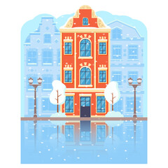 Winter cityscape in snow Amsterdam.Christmas town building.European city ancient architecture.Reflection of houses in river.Vector flat illustration.