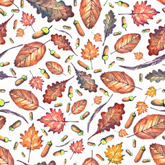 Watercolor pattern of autumn leaves and acorns.For decorating fabrics,for printing brochures,posters,parties, vintage textile design, postcards, packaging.