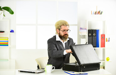 Expected commercial benefit. Man and briefcase. Business profit. Commercial offer. Ready...