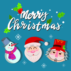 Christmas lettering badge. Christmas lettering label. Christmas collections. Christmas icons. Flat vector illustrations. Greeting card with Santa Claus, Snowman and Nutcracker. 