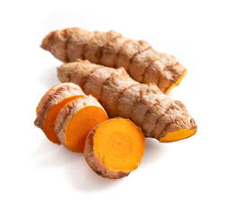 Turmeric root and slices isolated on white background. Clipping path.
Tumeric, curcuma, curcumin close up.