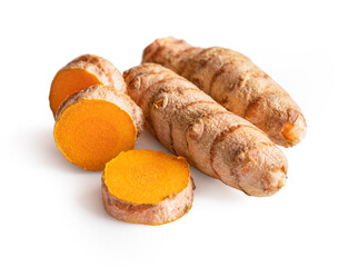 Turmeric root and slices isolated on white background. Clipping path.
Tumeric, curcuma, curcumin close up.