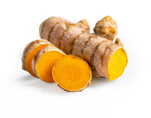 Turmeric root and slices isolated on white background. Clipping path.
Tumeric, curcuma, curcumin close up.