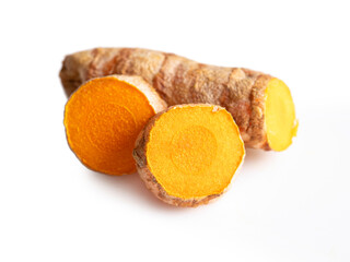 Turmeric root and slices isolated on white background. Clipping path.
Tumeric, curcuma, curcumin close up.