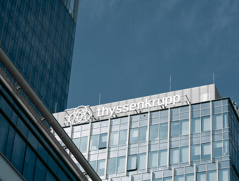 Gdansk, Poland, Europe 10.28.2021. thyssenkrupp on the facade of corporate office buildings located in Polish Gdansk headquarters. Logo of the thyssenkrupp on the office building. 