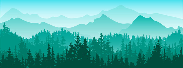 Horizontal banner. Magical misty landscape. Silhouette of forest and mountains, fog. Nature background. Blue and green illustration. ​Bookmark.