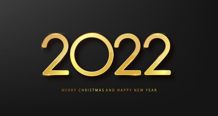 Golden 2022 Happy New Year with falling confetti on dark background. Luxury Holyday template for design card, banner