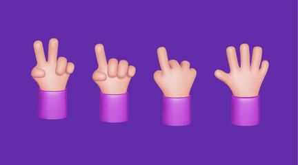 Obraz premium Set of cartoon 3d hands . Hand group. Peace sign, ok sign tap, point out hand, high five hand Men and women arms Decoration 3d object isolated. Vector illustration. Vector illustration.