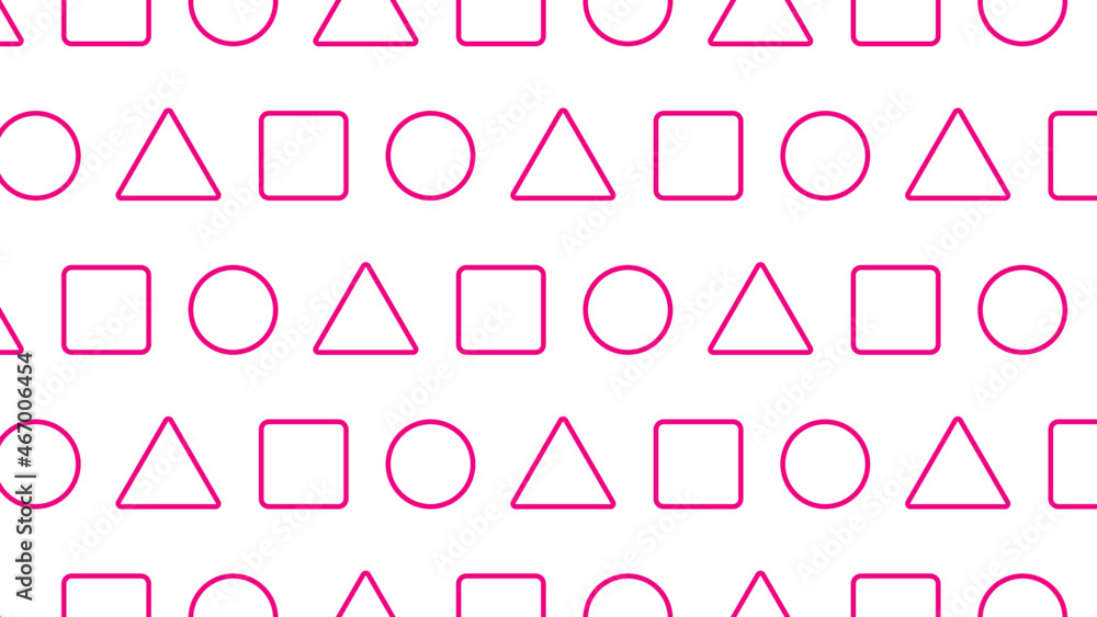 Poster geometric pattern seamless concept version game. pink background with white circles, triangles, squa