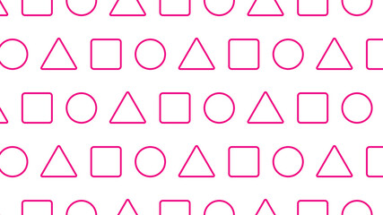 Geometric pattern seamless concept version game. Pink background with white circles, triangles, squares. Vector.