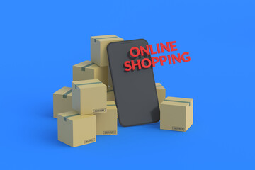 Smartphone near cardboard boxes and inscription online shopping on blue background. Purchases, sales on the Internet. Remote order, delivery of goods. Package tracking. E-commerce. 3d render