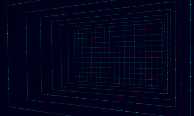 Wireframe room on the blue background. Vector perspective grid. Box with digital space.