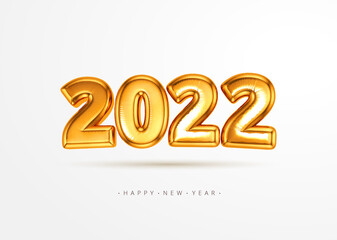 Realistic 3D 2022 gold foil balloon flying in the air isolated on white background. Concept design for christmas and new year decorate element or banner, poster, greeting card. Vector illustration.