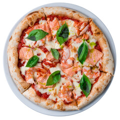 Italian pizza with shrimp and salmon isolated on a white background