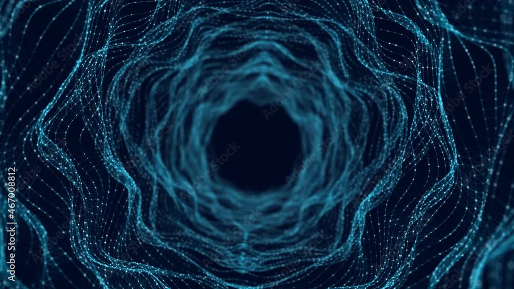 Poster technology wireframe tunnel on blue background. futuristic 3d wormhole grid. big data visualization.