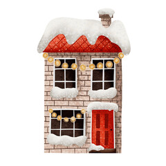 Beige christmas house with holiday decorations.