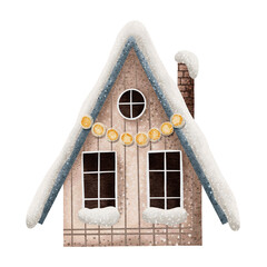 Beige house with holiday decoration and christmas lights.