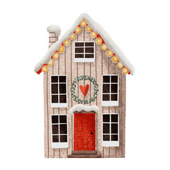 Beige winter house with holiday decoration and christmas lights.