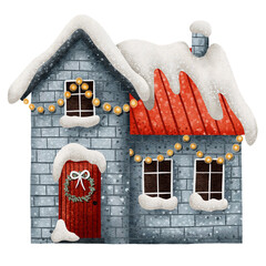 Blue christmas house with holiday decorations.