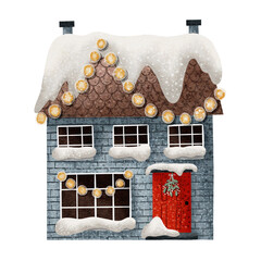 Blue house with holiday decoration and christmas lights.